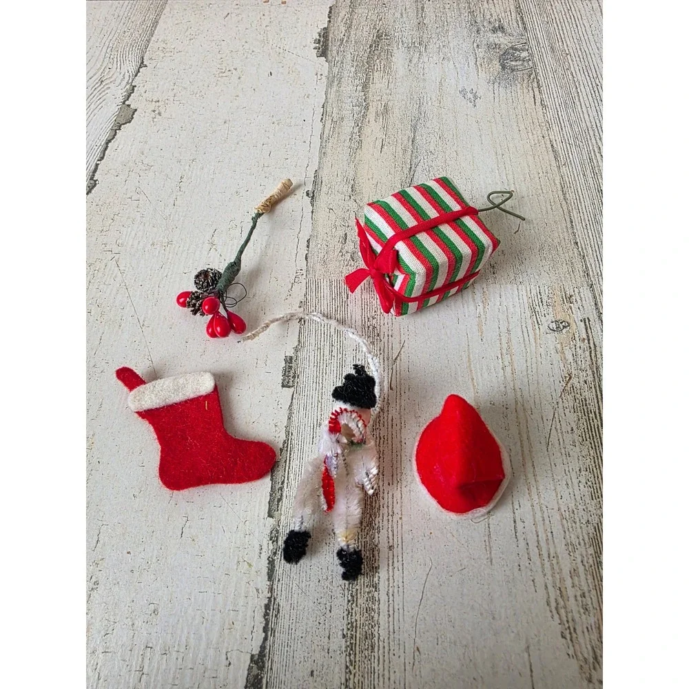 Vintage putz spun cotton snowman present mini stocking accessory ornament tree